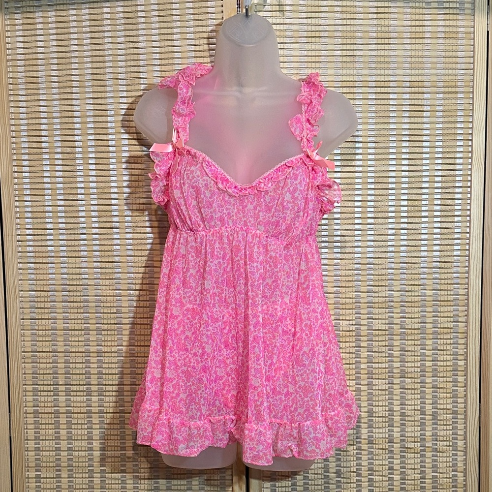 Victoria's Secret Sheer Pink Floral Two Piece Cami Teddy and Panty Set Large